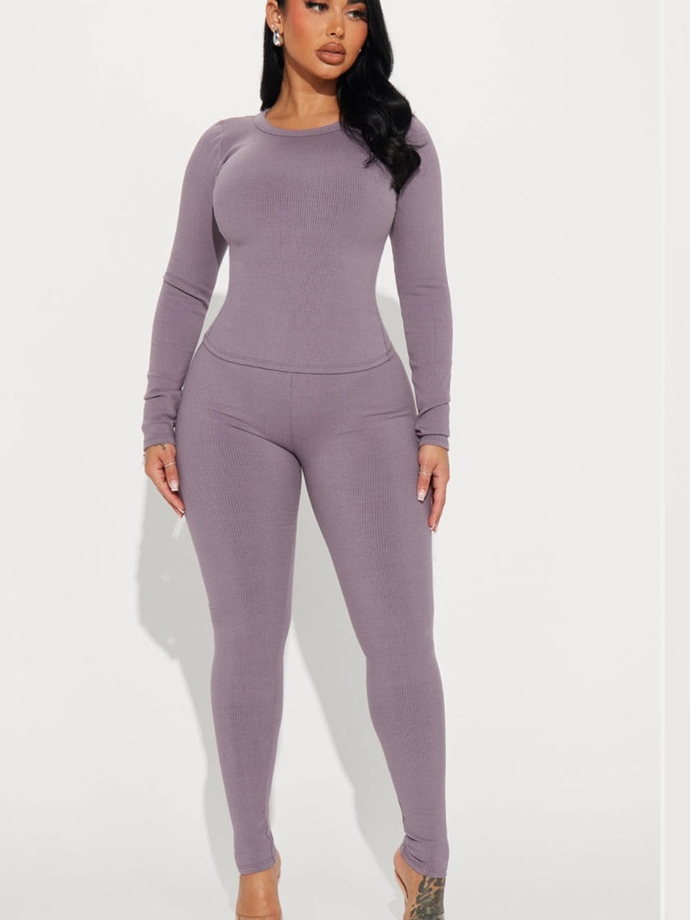 Fashion Nova Ribbed Lilac Long-Sleeve Jumpsuit